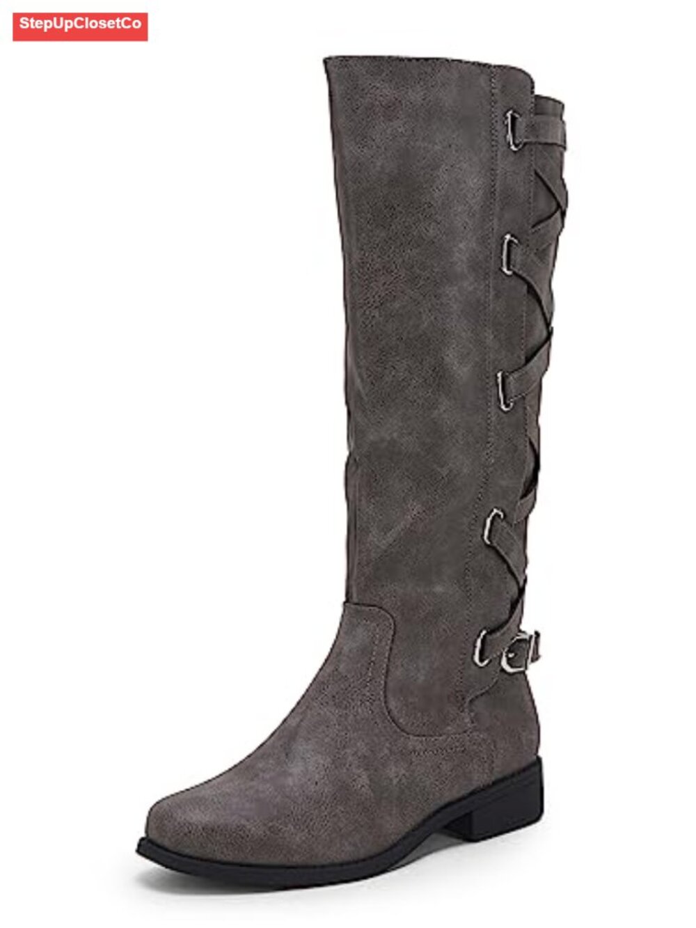 Women's Knee High Lace Up Combat Boots Low Heel Man-Made Leather Side Zip